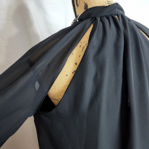 JESSICA SIMPSON Size Small Sheer Black Chiffon Rhinestone Collar Open Sleeve Top - Picture 12 of 16